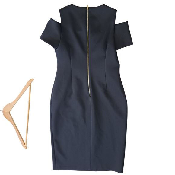 CALVIN KLEIN Black Scuba Sheath Dress Size 8 Round Neck Cutout Shoulder - Picture 10 of 11